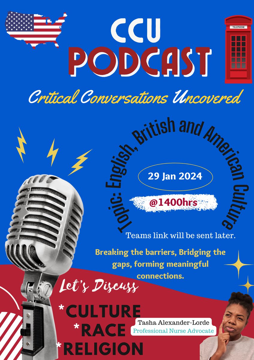 Another great podcast this week in #CCUBasildon by <a href="/LordeTasha/">Tasha Lorde</a> exploring British, Irish and American culture in our unit. Staff shared views about similarities and differences which helped promote awareness and inclusiveness. <a href="/MSEHospitals/">Mid and South Essex NHS Foundation Trust</a> <a href="/SujaGeorge08/">Suja George</a> <a href="/MSEinclusion/">NHS MSE Inclusion & Engagement</a>