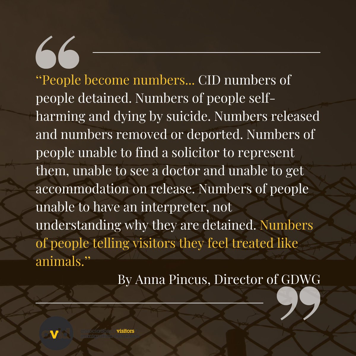 AVIDdetention's tweet image. Here are some beautiful quotes from @TreesAnna 's powerful speech at our AGM. Thank you very much for bearing witness, speaking the truth, and never losing sight of humanity, Anna.

Anna Pincus is the director of @GatDetainees and the founder of @RefugeeTales