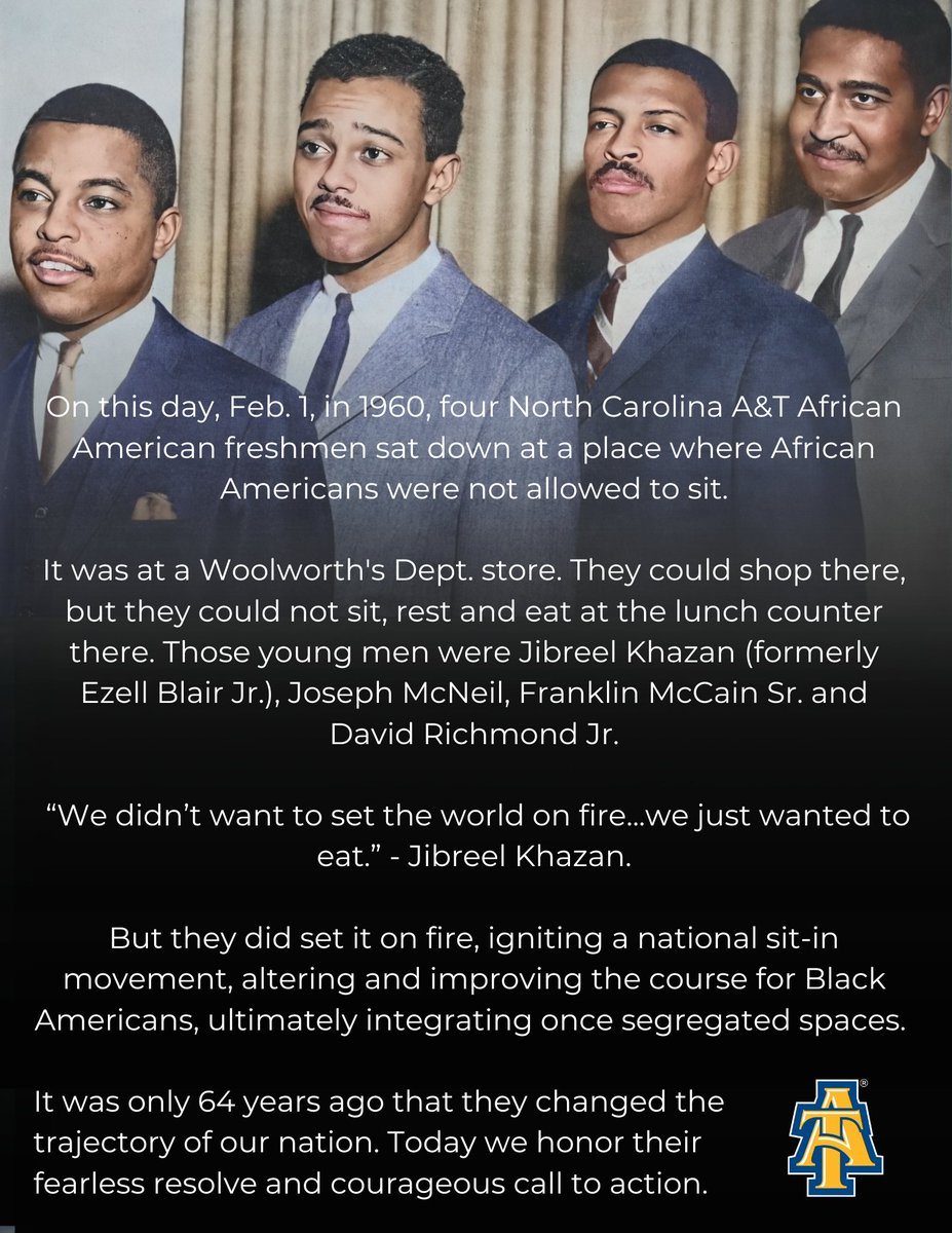 We will forever honor and give tribute to the A&T Four. It was only 64 years ago that they ignited an entire movement that changed the trajectory of this country. Watch the live stream of our 64th Feb. One celebration- 'The Gathering: Strenth in Our Unity' youtube.com/live/iIY_pPm0e…