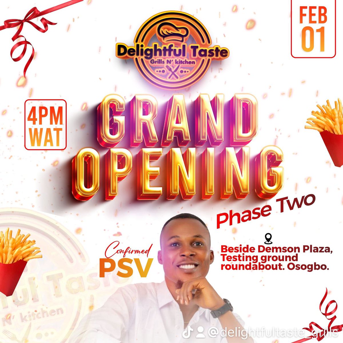 InsideOsogbo's tweet photo. By 4:00pm today, the Second Outlet of @delight_grills will be officially opened for use and the @psvbandofficial will be fully on ground to take us on a melodious journey.

If you are available, join us beside Demson Plaza, Testing Ground Roundabout, Òṣogbo.

#InsideOsogbo https://t.co/9MxjgLfhnm