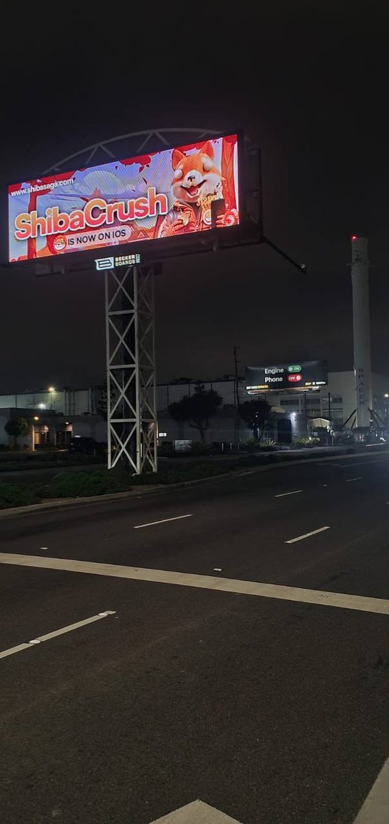 Shibasagaio's tweet photo. You’re all waiting to go to the moon.. 🌕

That’s why we brought the iOS release announcement of Shiba Crush to a billboard right outside of the @SpaceX  office in the US! 

What better place to launch a mission like this!? 🚀

Get your iPhones ready, you will be able to download this VERY soon!  

Want to have a chance of winning some $USDT? 

👉Go to the billboard, and post a photo with a great caption on Twitter, make sure to tag us!  

⚠️This is the very first glimpse of what is coming, strap on!