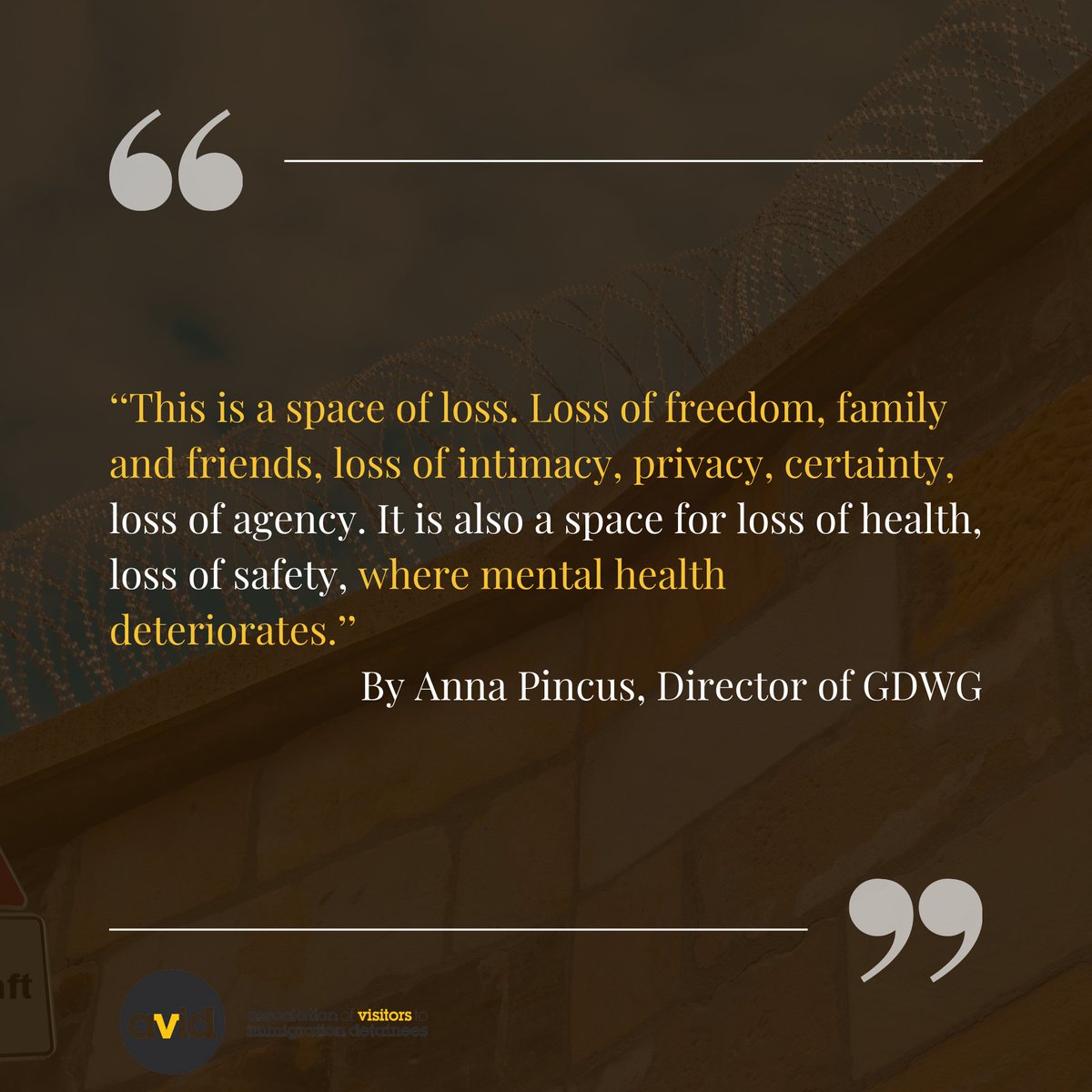AVIDdetention's tweet image. Here are some beautiful quotes from @TreesAnna 's powerful speech at our AGM. Thank you very much for bearing witness, speaking the truth, and never losing sight of humanity, Anna.

Anna Pincus is the director of @GatDetainees and the founder of @RefugeeTales