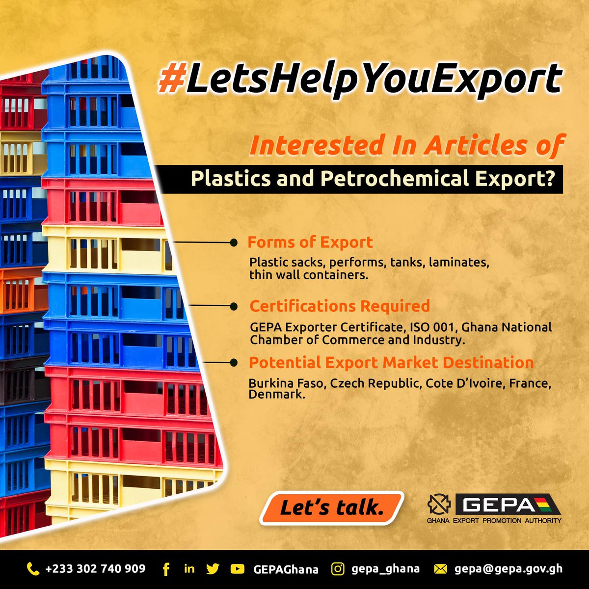 GEPAGhana's tweet photo. We are @GEPAGhana, of course you can contact us to help you generate and grow the ideas you have for Plastics and Petrochemicals Export.
It’s not too late to start. Make that move now!
#LetsHelpYouExport #ExportGhanaExportMore #NEDS #plastics #petrochemicalindustry #ghana #GEPA https://t.co/SJAk3ApPVA