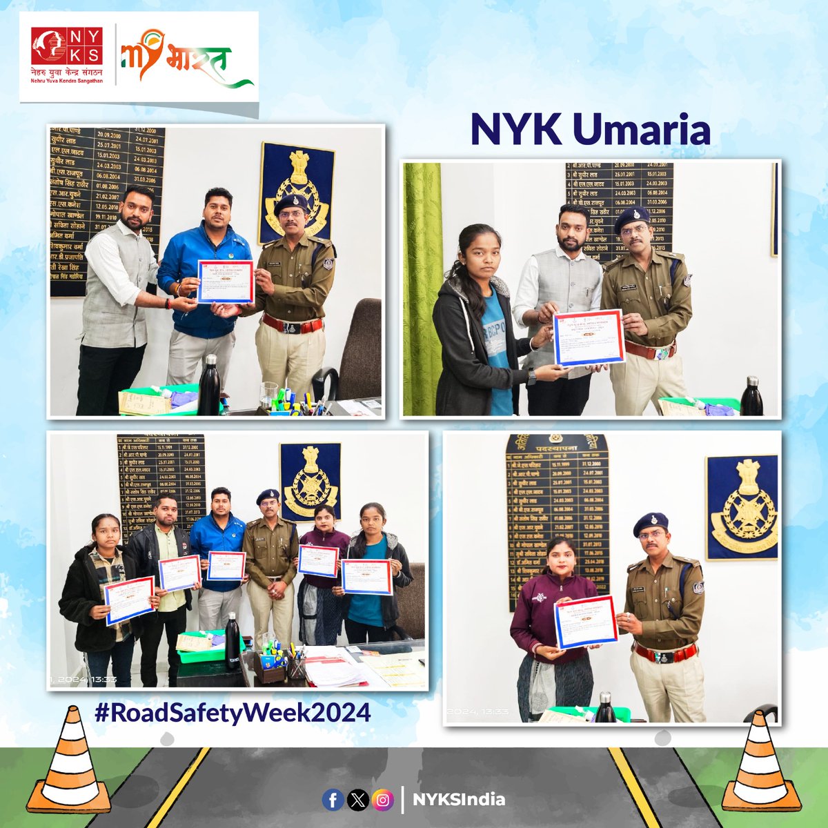 @NykUmaria व उमरिया पुलिस के द्वारा आयोजित राष्ट्रीय सड़क सुरक्षा सप्ताह में सहभागिता निभाने वाले स्वयंसेवकों को अतिरिक्त पुलिस अधीक्षक श्री प्रतिपाल सिंह महोबिया व जिला युवा अधिकारी आदित्य सिंह के द्वारा प्रशस्ति पत्र प्रदान कर सम्मानित किया गया। #RoadSafetyWeek2024 #NYKS