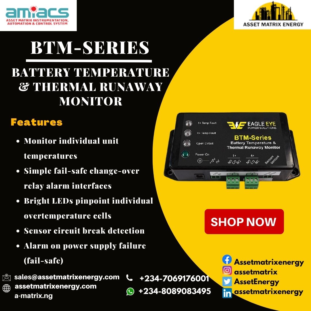 The BTM-Series is a dependable low-cost scalable solution for protecting your batteries against over-temperature and thermal runaway conditions.  

For more inquires!
sales@assetmatrixenergy.com
#assetmatrixenergy #eagleeye #batterymonitor #btmseries