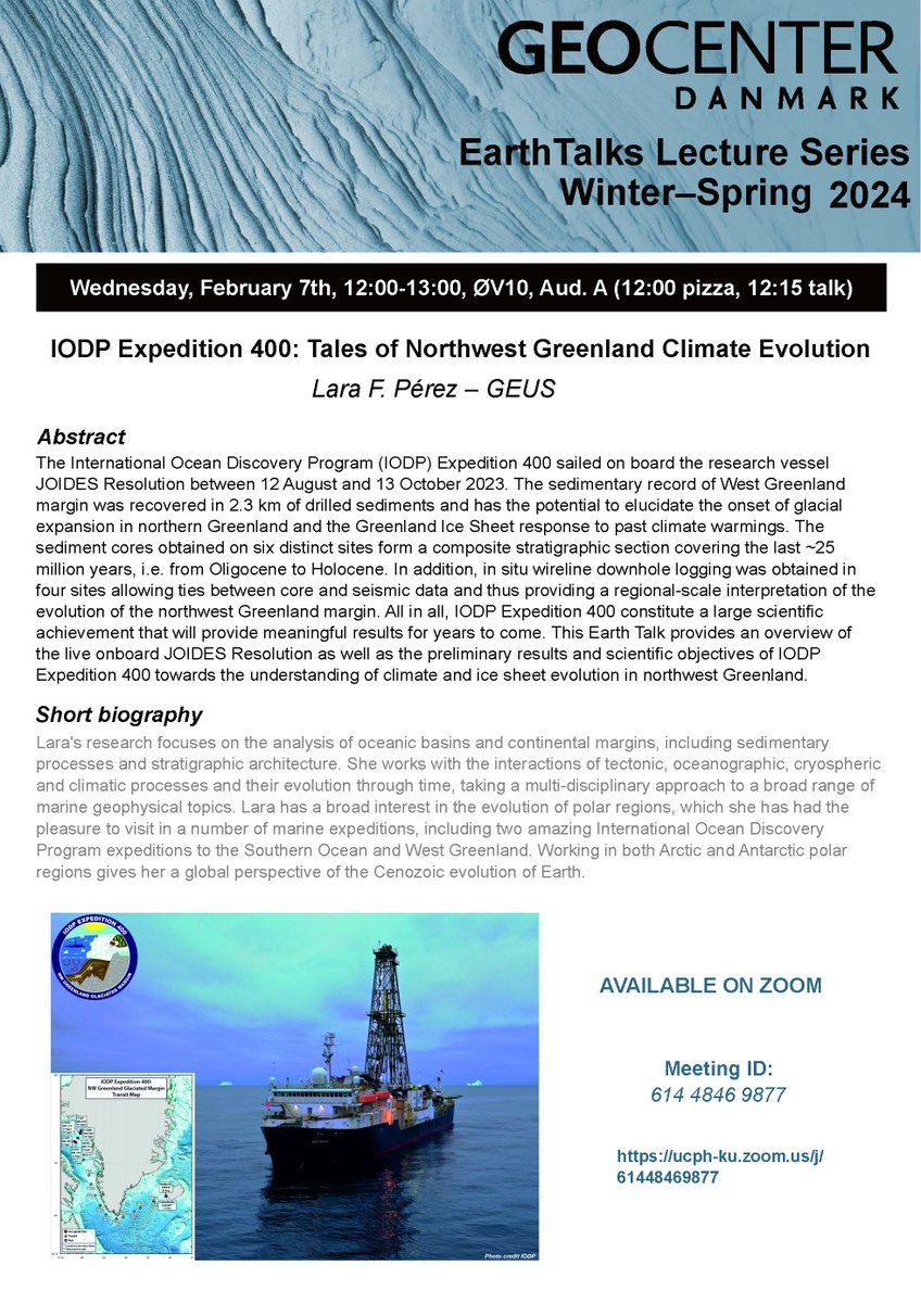 We are talking about <a href="/JRSO_IODP/">IODP at Texas A&M</a> <a href="/ECORD_IODP/">ECORD</a> #Exp400 and <a href="/TheJR/">JOIDES Resolution</a> at <a href="/UCPH_Research/">University of Copenhagen Research</a> as part of the Earth Talks Lecture Series! Join at 12:15h on Wednesday 7 February on Zoom ucph-ku.zoom.us/j/61448469877?… 
Or in person at Øster Volgade 10 Auditorium A  in Copenhagen. See you there!