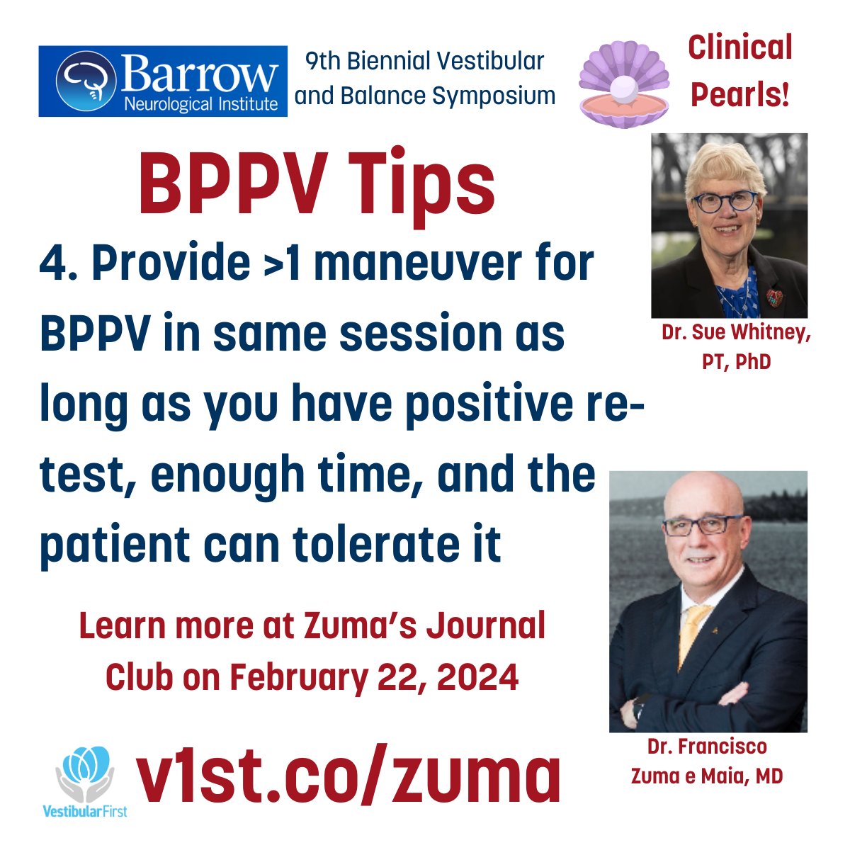 Have you tried these tips from Dr. Sue Whitney for BPPV treatment? Register v1st.co/Zuma with the wonderful Dr. Francisco Zuma e Maia (recorded if you can't make Feb 22). We're giving away (for the FIRST TIME EVER) an otoconia fountain! #bppv #oto #Neurology #PT