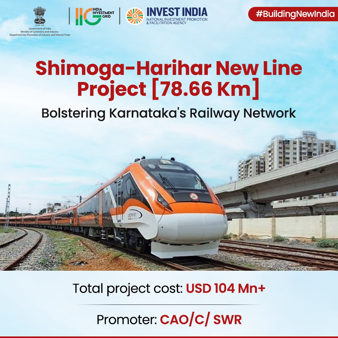 #BuildingNewIndia
Under #NIP, the ~79 Km long #Shimoga-#Harihar New Line Project will help in the faster movement of agro, automobile-based industries & engineering products from Shimoga to other parts of #NewIndia
@cbdhage @IndexKarnataka @IIG_GoI @RailMinIndia @AshwiniVaishnaw