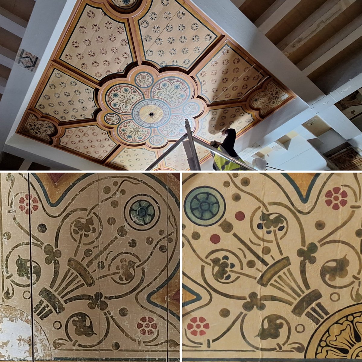 Incredible craftsmanship from the team at Arte Conservation, restoring William Burges' decorative scheme at the #MaisonDieu #Dover 🎨 From 2025 you will be able to live the high #Victorian dream in the Mayor's Parlour with @LandmarkTrust! #historicbuildings #heritage