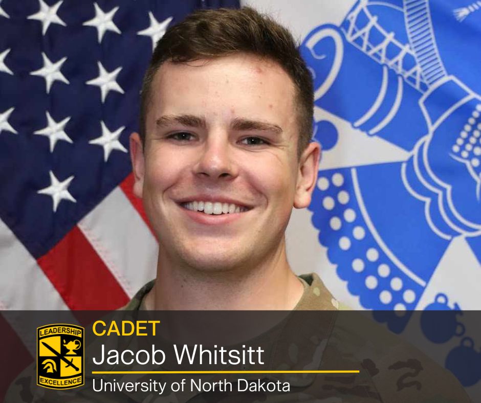 Happy Thursday! Let's meet our #ArmyROTC #CadetOfTheWeek 👋

Jacob Whitsitt is a senior and Psychology/Pre-Med major at the <a href="/UofNorthDakota/">U of North Dakota</a>.

#LeadershipExcellence | #BeAllYouCanBe

<a href="/TRADOC/">U.S. Army TRADOC</a> | <a href="/usarec/">U.S. Army Recruiting</a> | <a href="/CG_ArmyROTC/">Brig. Gen. Maurice Barnett</a> | <a href="/AmandaAzubuike/">Amanda Azubuike</a> | <a href="/3rdROTCBrigade/">BlackHawkBde</a> | <a href="/GoArmy/">GoArmy</a>