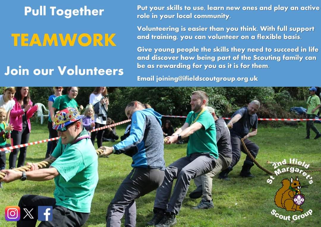 2ndIfieldScouts's tweet photo. Pull Together  -  TEAMWORK  -  Join our Volunteers
Put your skills to use, learn new ones and play an active role in your local community.
Volunteering is easier than you think. Give young people the skills they need to succeed in life joining@ifieldscoutgroup.org.uk
#scouts https://t.co/4vNKWmd0kv