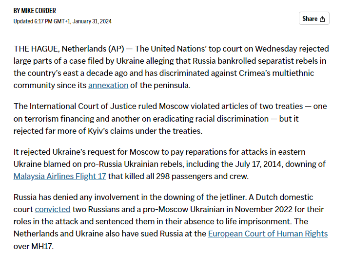 dancalegria's tweet photo. https://t.co/D6QCOCYqDf

Je zou toch zeggen dat dit groot nieuws is?

het ICJ wijst de claim van terrorisme financiering en schade vergoeding aangaande de MH17 af!

Dit in combinatie met de even opmerkelijke uitspraak van het Europese hof 2 weken geleden.

Dan is de vraag natuurlijk terecht wie schoot de MH17 neer? 

-Dus NL mag stukken achter houden over de AANLOOP naar de MH17?

-Het ICJ veroordeelt Rusland niet voor de schade?

-Er komen 100 wetenschappers om die experts zijn op het gebied van AIDS?

AIDS is een plandemie die goed in beeld werd gebracht in de film https://t.co/C7SWaLgnWI Dallas Buyers Club. Dit was Fauci zijn eerste grote project waar duizenden stierven aan de experiment van AZT. https://t.co/qJnrR8fvUV Een duidelijke democide die nooit berecht werd.

MH17 blijft een mysterie, vooral door corrupte rechtbanken die doofpotten toestaan.