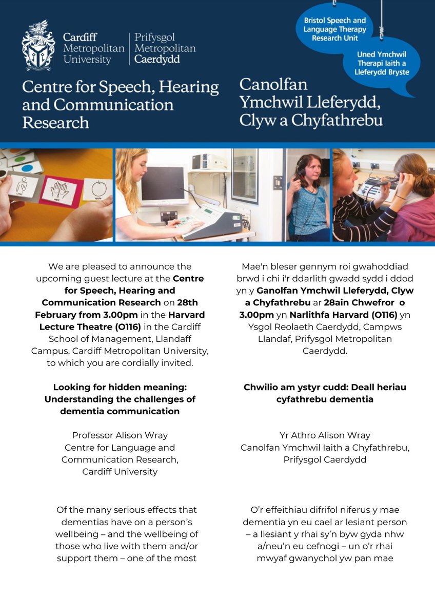 CSHCR_CMet's tweet photo. We are pleased to welcome Professor Alison Wray as a guest speaker at the Centre's lecture series.

Prof. Wray will be presenting a piece on the challenges of dementia communication.

To register attendance for this lecture please follow the link below.

https://t.co/jIwtsGnGyA https://t.co/tt3ytey0MT