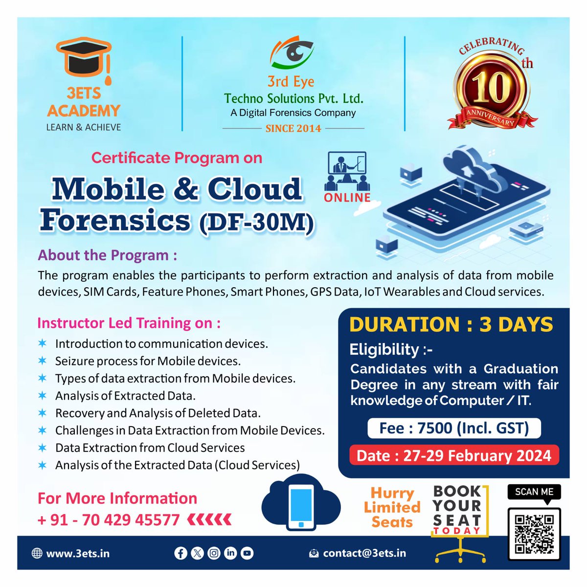 🌟 3ETS Academy is thrilled to unveil a 3-days online certification program on Mobile and Cloud Forensics.
📅 February 27th to 29th, 2024
💻 Online | 3 Days
🔗 forms.gle/hocJwXzPvrVEgV…
Secure your spot - Register Now!
🚀#DFIR #MobileForensics #CloudForensics #CertificationProgram