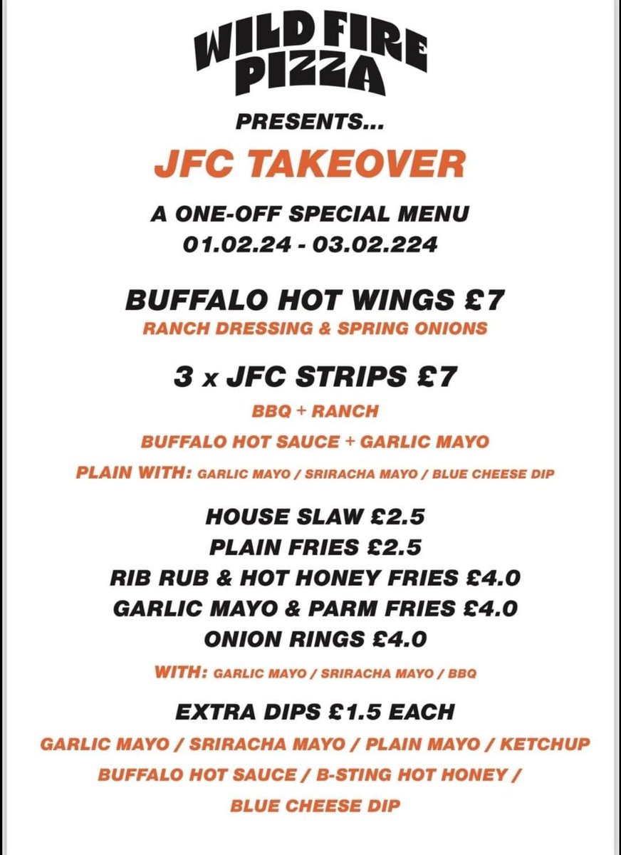 Wildfire return with there JFC takeover for the next 3 day 
From today till Saturday they will be firing out classic JFC strips as well as Buffalo hot wings &amp; sided 

Doors open @ 4pm