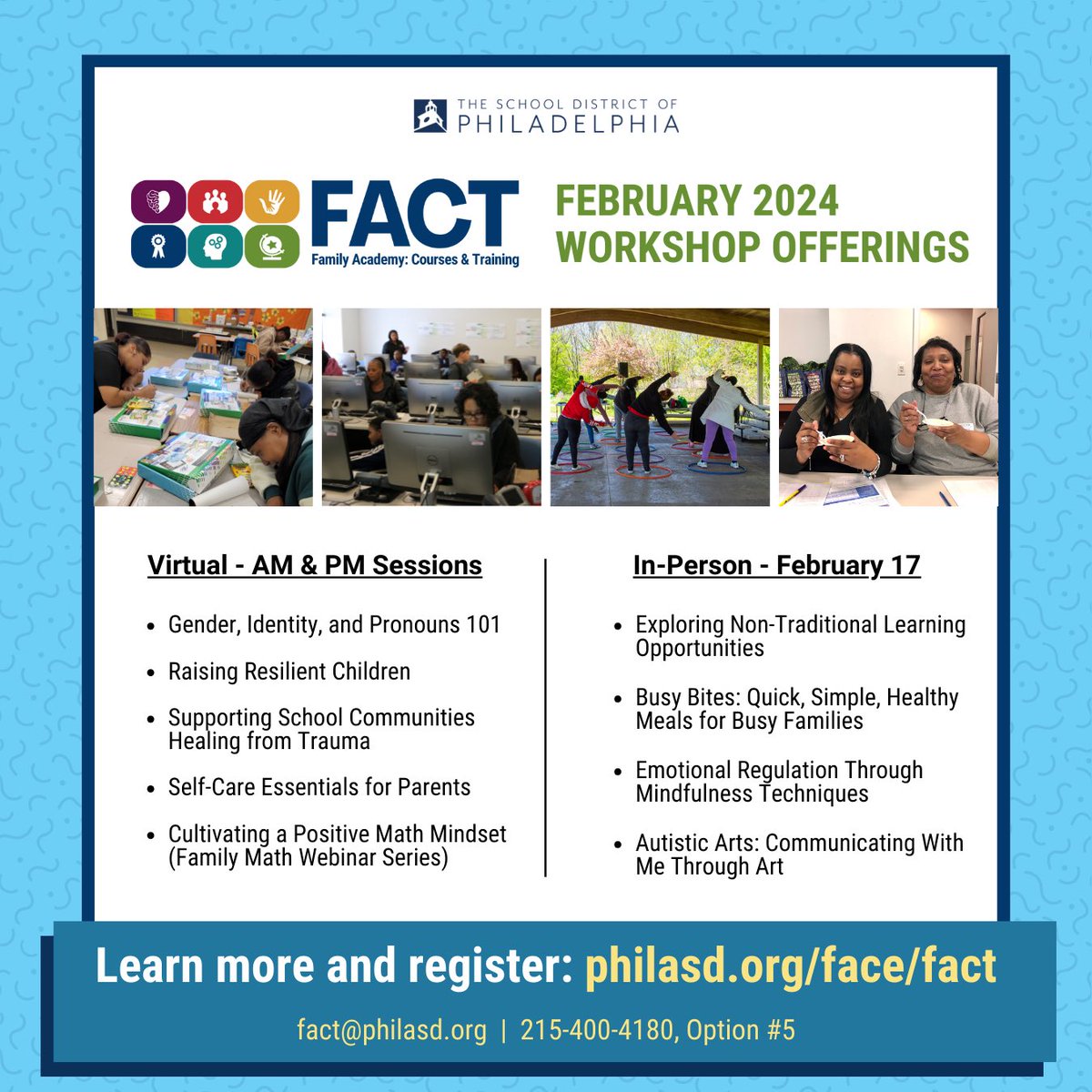 Double the excitement this February at FACT! 🌟 Attend our in-person workshops for hands-on fun or join virtually for knowledge at your fingertips. Embrace the best of both worlds! Find out more at philasd.org/face/fact