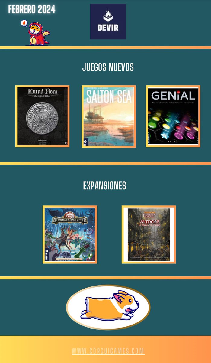 CorguiGames's tweet image. 🚨Devir viene fuerte este mes de febrero:

☑️Kutná Hora
☑️Salton Sea
☑️Genial (Reedición)
☑️Dungeon Fighter: Expansión
☑️Warhammer Fantasy: Altdorf

Cuál os llama más la atención?👀

Más info aquí ⬇️ 
corguigames.com/novedades-febr…

#DevirIberia #Juegosdemesa #Corguinews #CorguiGames