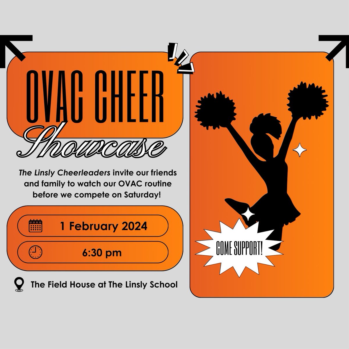 LinslyAthletics's tweet photo. 🚨Happening Tonight!🚨 Linsly’s OVAC Cheering Team will perform live in Stifel Field House at 6:30pm. Be there for the OVAC Cheer Showcase!  Let’s go ⁦@linslycrew⁩, come out and support our girls! https://t.co/MhVB5IkH5i