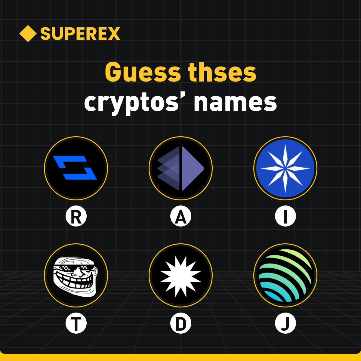 Guess these #crypto's names👀 $100 worth of futures trading fee coupons to #giveaway to 10 people! $10 coupon each.💰 1⃣Follow @SuperExet and @SuperexChinese 2⃣Comment your answers below & tag 3 friends