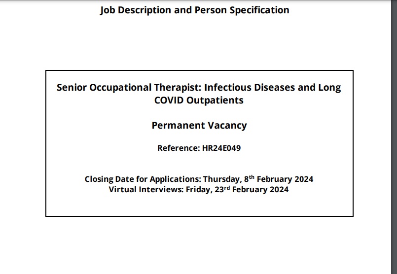 1/2 Share please:  St. Vincent's University Hospital has vacancy for occupational therapist.  This is VERY MUCH needed to support #longcovid patients. svhg.recruitment.zellis.com/wrl/pages/vaca…