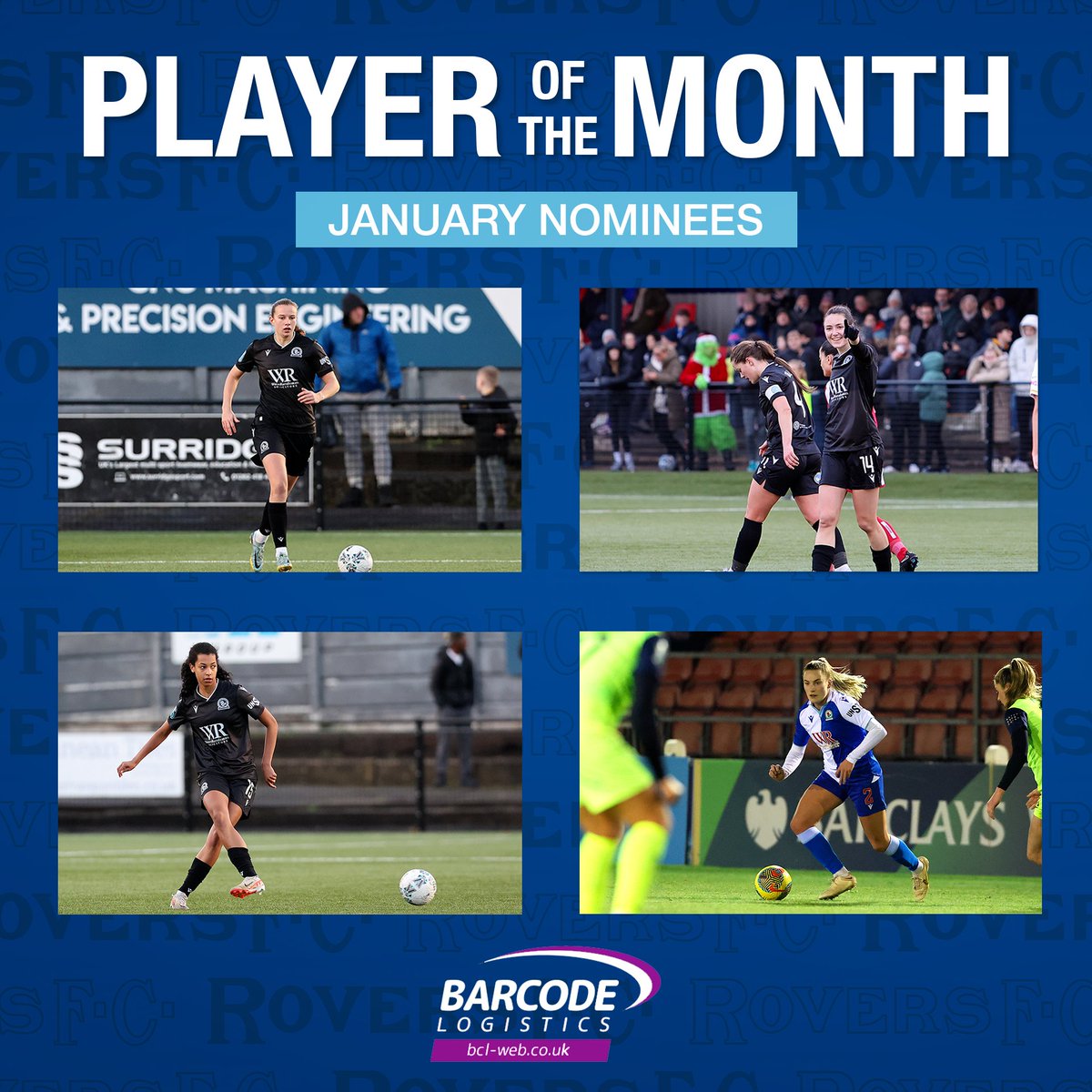 Vote for your January Player of the Month, sponsored by <a href="/BarcodeCourier/">Barcode Logistics</a> 🏆

🍬 <a href="/coan_hannah/">Hannah Coan</a>
🌟 <a href="/lucy_shepherd98/">Lucy Shepherd</a>  
🔨 Hannah Silcock
🕺 <a href="/niamhmurphy_3/">Niamh Murphy</a> 

#Rovers 🔵⚪️