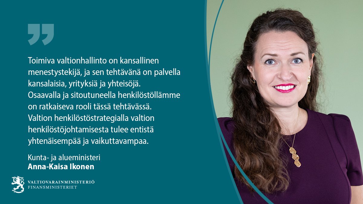 Valtion uusi henkilöstöstrategia on suunniteltu vahvistamaan ja yhtenäistämään valtion organisaatioiden toimintakulttuuria, parantamaan johtamista ja tuottavuutta sekä uudistamaan henkilöstöpolitiikkaa. 

Tiedote: vm.fi/-/valtiolle-yh…

<a href="/IkonenAK/">Anna-Kaisa Ikonen</a> | #Johtaminen