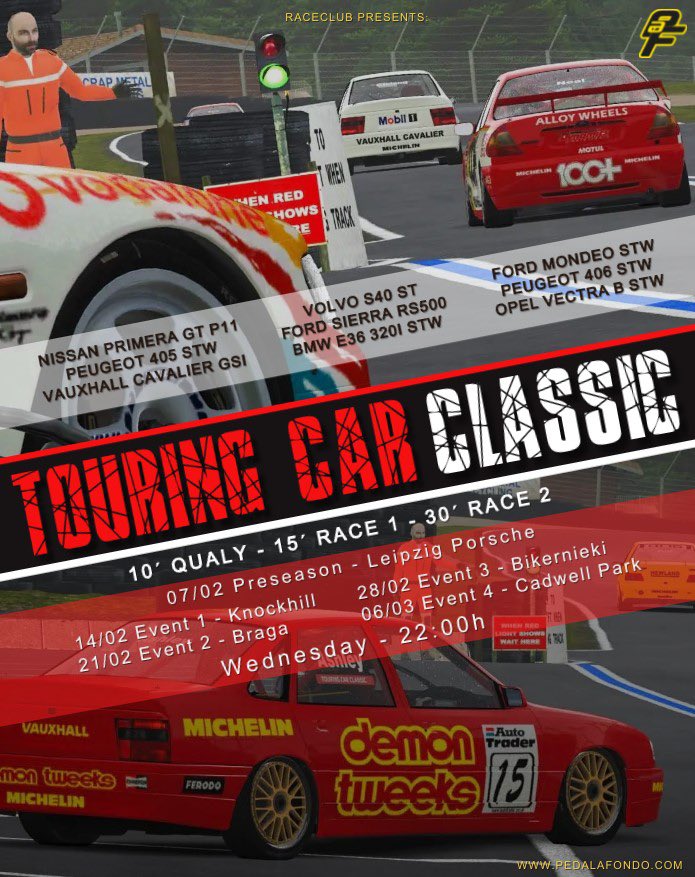 .
TOURING CAR CLASSIC

Campeonato con coches británicos de los 90´s.
Cada miércoles a las 22:00h evento de pretemporada y cuatro eventos competitivos a doble manga.

- Qualifying: 10 minutos.
- Race 1: 15 minutos.
- Race 2: 30 minutos.

#rfactor2 #s397 #paf