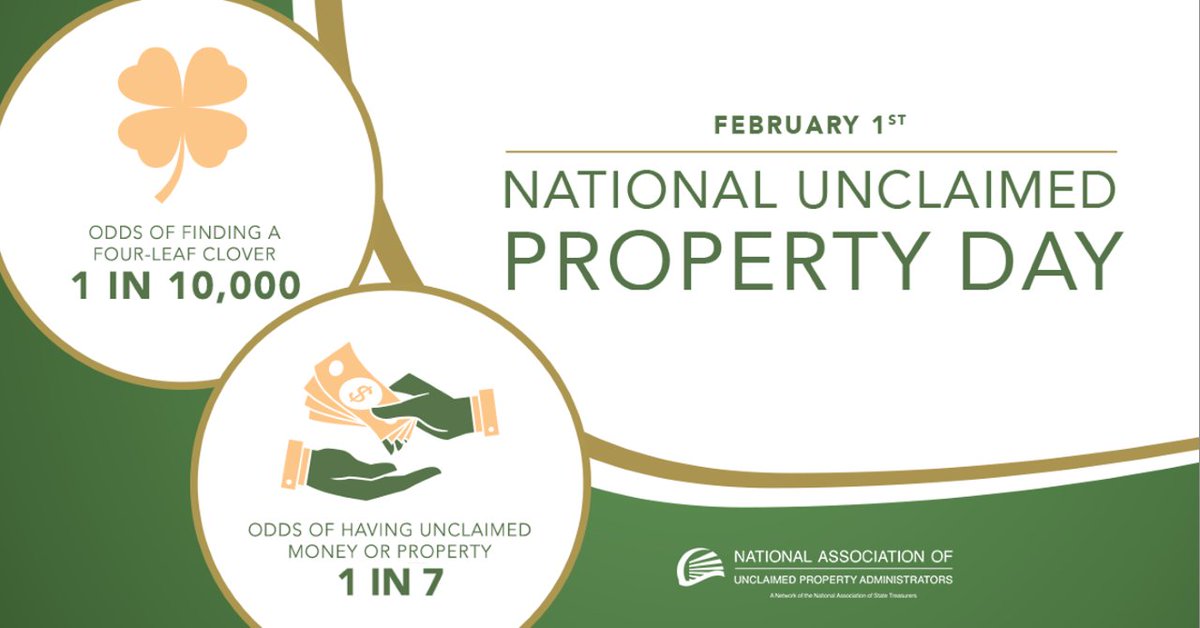 Today is #unclaimedpropertyday! Take 30 seconds to search yourself, friends, family, and businesses nationwide on missingmoney.com to see if you have any property to claim.