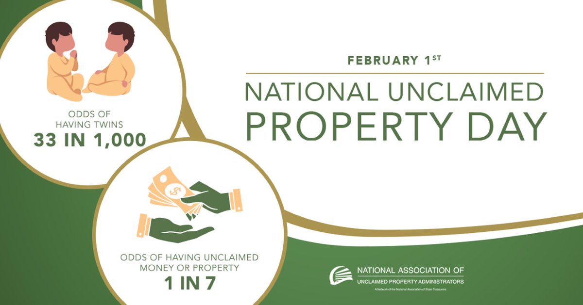 Today is #unclaimedpropertyday! Take 30 seconds to search yourself, friends, family, and businesses nationwide on missingmoney.com to see if you have any property to claim.