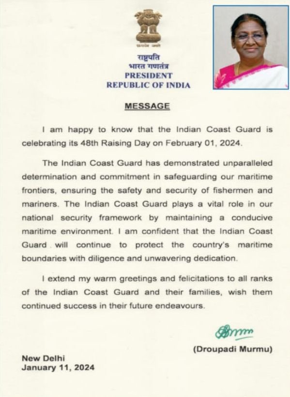 #CoastGuardDay2024

The Supreme Commander of the Armed Forces, Smt Droupadi Murmu #PresidentOfIndia extends warm felicitations to <a href="/IndiaCoastGuard/">Indian Coast Guard</a> on the occasion of 48th #CoastGuardDay. 

#IndianCoastGuard
#PresidentOfIndia