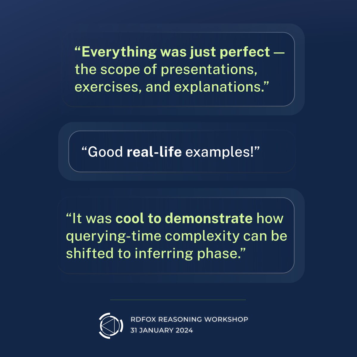 oxfordsemantic's tweet photo. Thank you to everyone that joined our RDFox workshop yesterday (&amp; leaving some amazing feedback)! 

If you missed out, don't worry!
We've got another workshop all about #SPARQL, #Datalog, &amp; #Reasoning lined up on 28 February 🚀

📌 Find out more here: https://t.co/EzDHbXadcm https://t.co/D6AfJV21oz