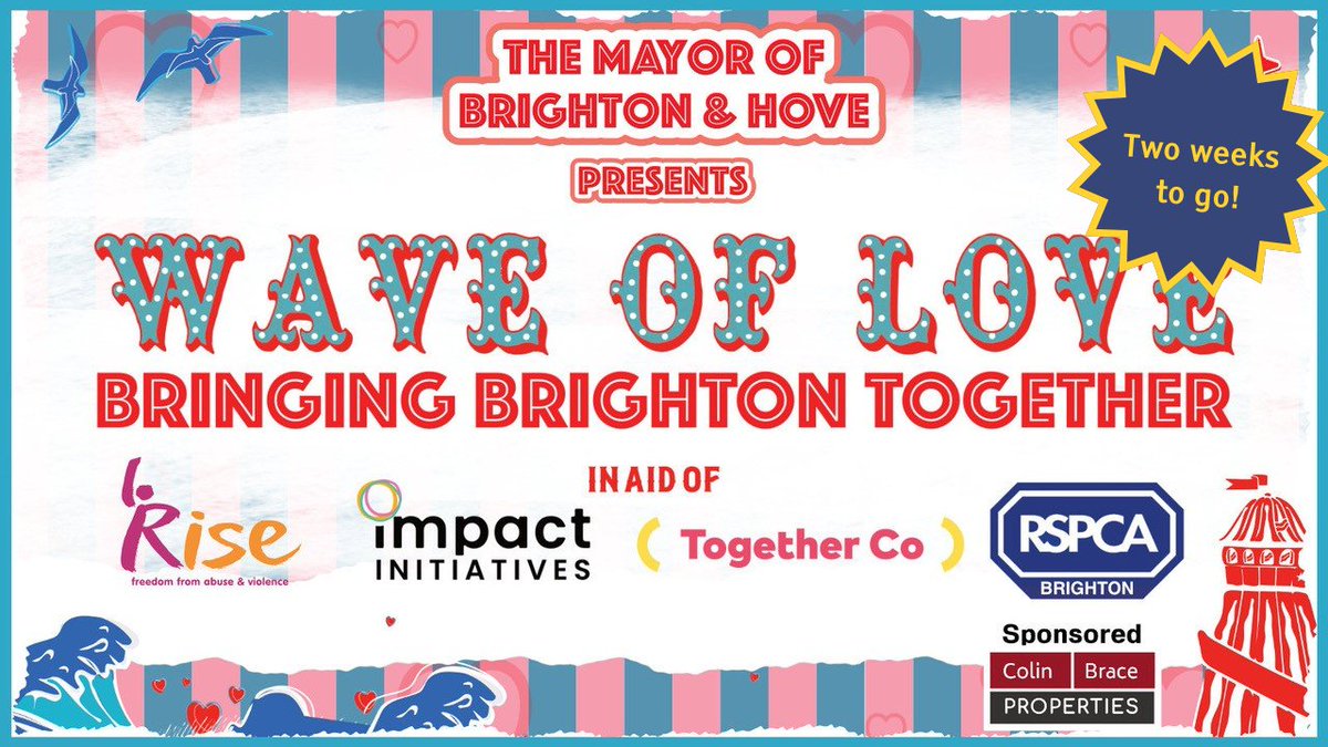 HelloTogetherCo's tweet photo. Tickets for the Wave of Love are selling fast! The Mayor of Brighton & Hove's four charities - Together Co, @Impact_CYPF, @RSPCABrighton, @riseuk - will bring you an evening which will celebrate community on @BTNPalacePier.
https://t.co/TaoF1FE4Bq
#WaveOfLove https://t.co/be6yoqttAX