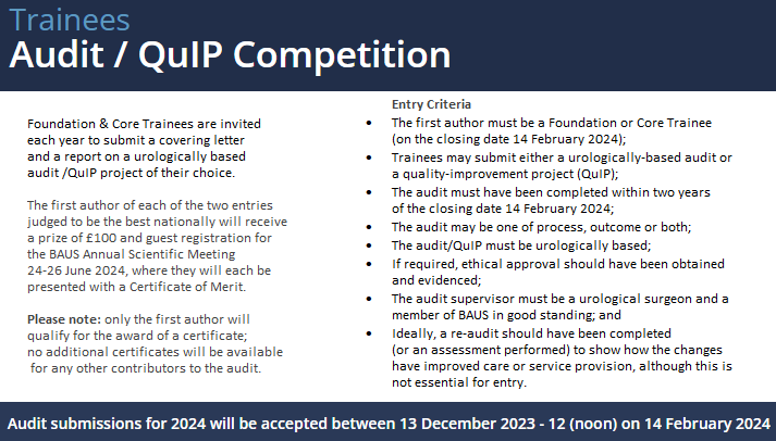BAUS AUDIT/QUIP Competition 2024⏳Deadline Reminder: 14 February 2024 at 12:00 noon(GMT) Foundation & Core Trainees are invited to submit an essay of no more than 1500 words on a urologically based Audit /QuIP project of their choice Details: baus.org.uk/professionals/…… @BSoT_UK