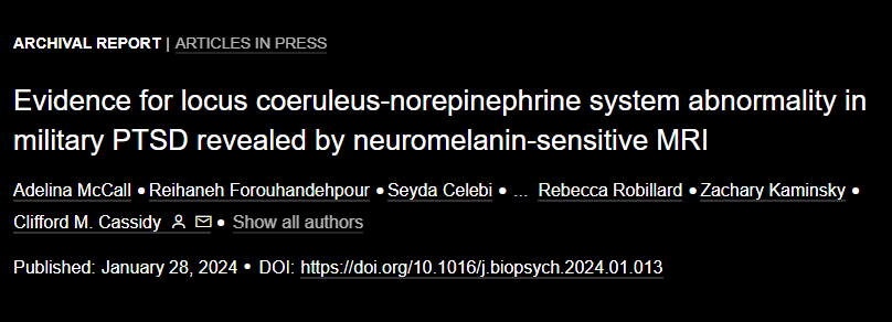 Just published in @BiologicalPsyc1 by @addie_axon et al. Neuromelanin-sensitive MRI revealed locus coeruleus-norepinephrine system abnormalities in veterans with PTSD. pubmed.ncbi.nlm.nih.gov/38296219/