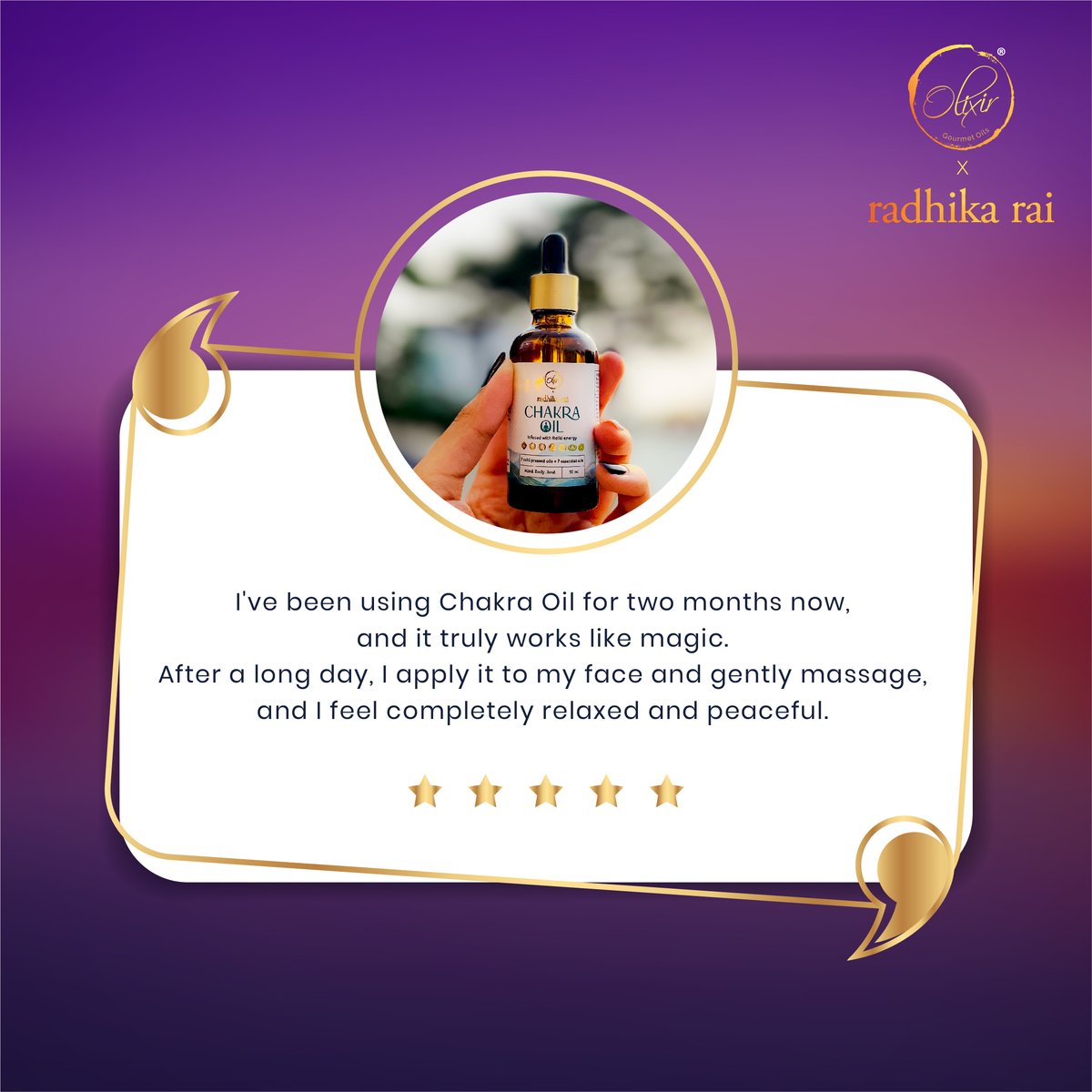 OlixirOils's tweet image. This is exactly what we intended when we produced Chakra Oil that after using Chakra Oil, people should feel pure relaxation and rejuvenation. 

#olixir #oils #chakraoil #coldpressedoils #testimonials #customerfeedback #clientdiaries