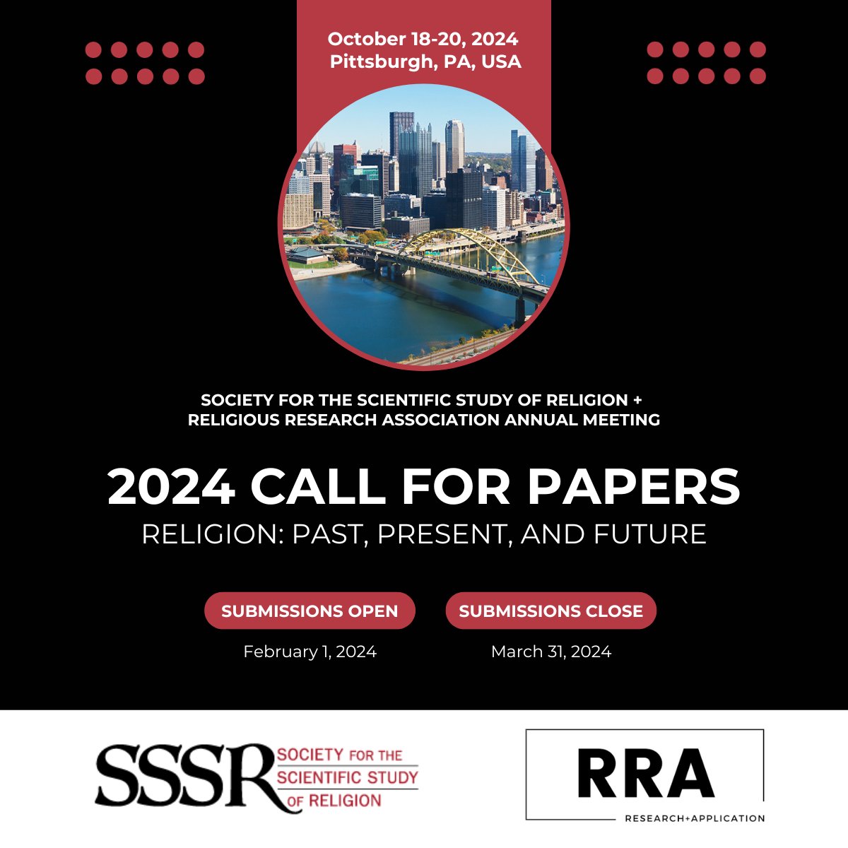➡️Religion: Past, Present, and Future The #SSSR_RRA2024 Call for Papers is now open for the annual meeting happening October 18–20 in Pittsburgh, PA. ➡️We invite proposals for Individual papers, sessions, & book panels. Submissions close: March 31. sssreligion.org/annual-meeting…