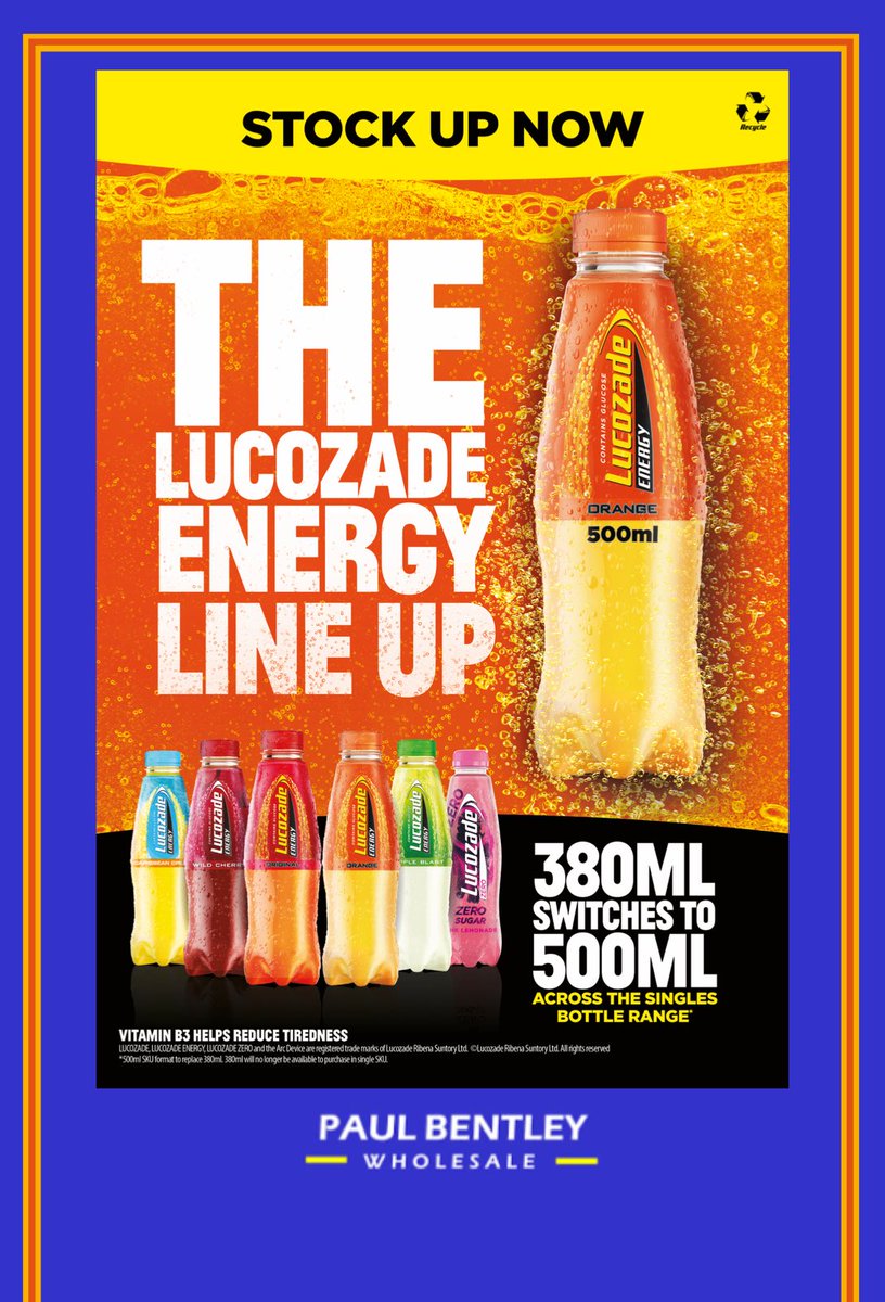 Lucozade 500 is officially BACK‼️and we have all the flavours to quench your thirst;

- Orange 🧡
- Original 💛
- Apple💚
- Wild Cherry❤️
- Caribbean Burst💙
- Pink Lemonade Zero🩷

Get stocked up now! 
-
-
-
-
#paulbentley #paulbentleywholesale #wholesale #wholesaler