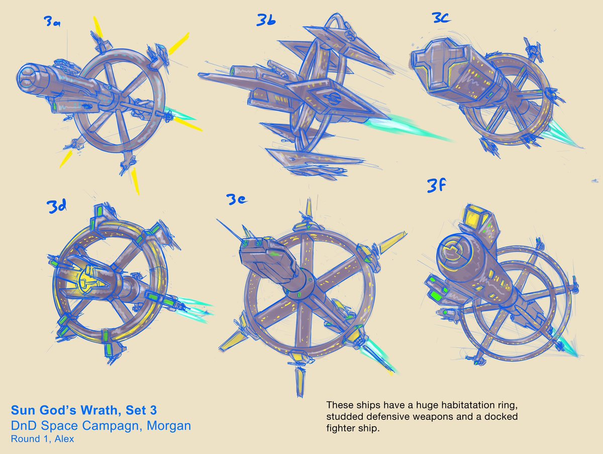 comicenginealex's tweet image. Last set of ships concepts from the DnD campaign! This one has a habitation ring!