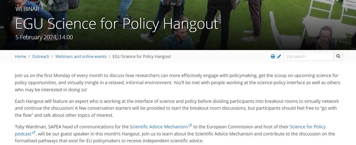 If you're interested in #Science4Policy & #ScienceAdvice then don't miss the next @EuroGeosciences #SciPol Hangout at 14:00 CET on Monday 5 February!

This month, Toby Wardman of @EUScienceAdvice will join us as a special guest!  

Register now: egu.eu/webinars/146/e…