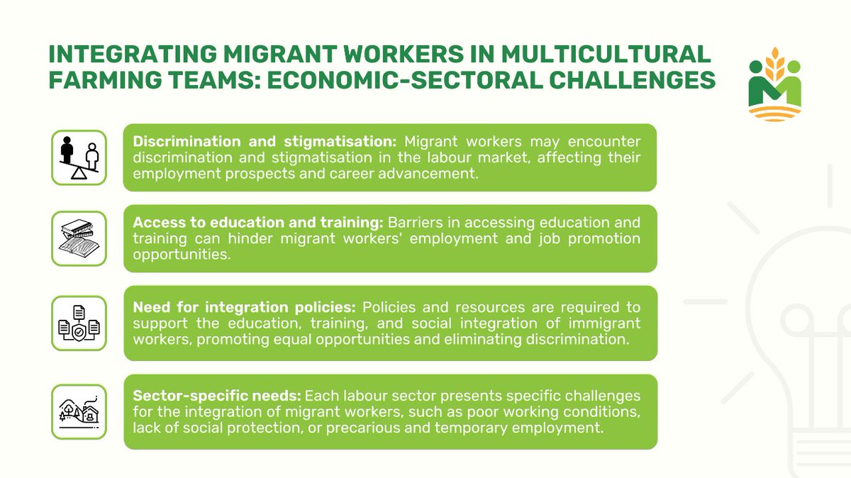 #MigrantWorkers in agriculture can face barriers: education gaps, limited visibility, discrimination, and underrepresentation.  

⚠️ Despite #socialintegration efforts, obstacles remain. 
Explore economic & sectoral challenges in the EU 🌍—see more in the image below. 👇