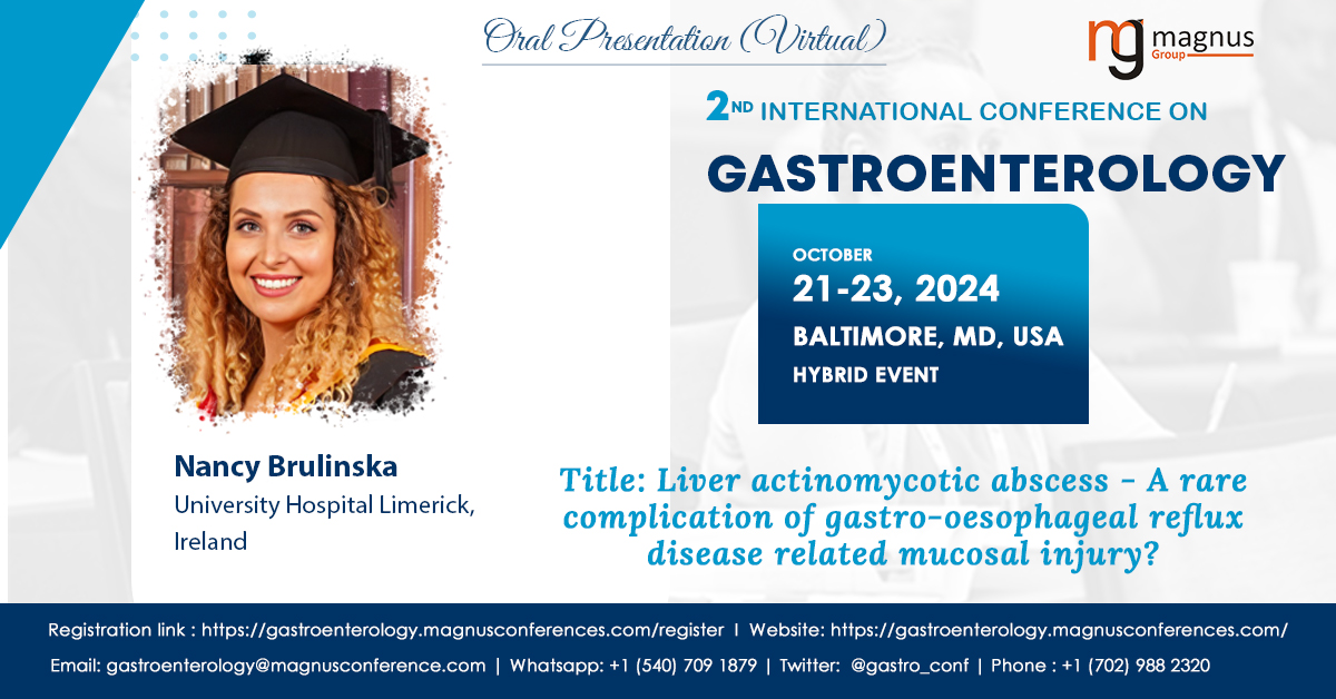 gastro_conf's tweet photo. Dive into the excitement and knowledge shared by our esteemed speaker, Nancy Brulinska, from University Hospital Limerick, Ireland, at the @gastro_conf organized by @magnus_group 
October 21-23, 2024
Baltimore, MD, USA
Phone: +1 (702) 988-2320
WhatsApp : +1 (540) 709 1879 https://t.co/PP1vaq7bCk