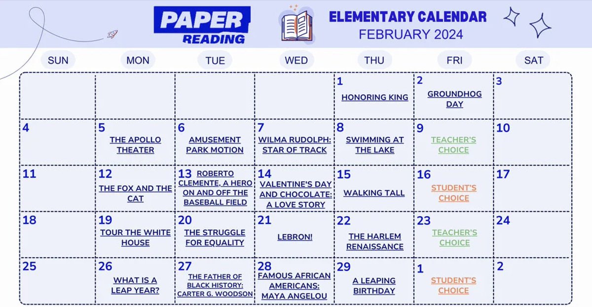 Kick off February with Paper Reading!

🎉 Celebrate Black History Month &amp; holidays with fiction &amp; nonfiction.
📚 Plug &amp; play—includes built-in assignments with tasks, model reading &amp; comprehension questions.

🔗 Get the elementary &amp; middle school calendar: drive.google.com/file/d/1o-uk2g…