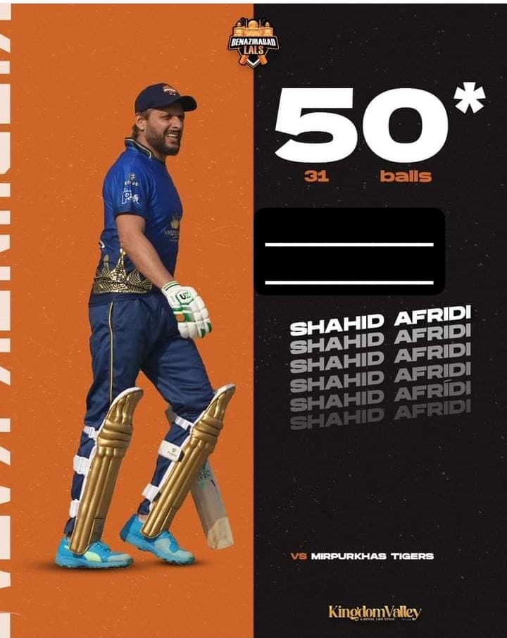 Boom Boom Afridi at his explosive best! 💥 Shahid Afridi smashes 50 runs off just 31 balls, turning the game into a thrilling spectacle. 🏏🔥

Age is a just a number 🥺❤️

Lala is a legend ✨

#benazirabadlals #lalsofsindh #spl
 #abkhelaysindh  #kingdomvalley