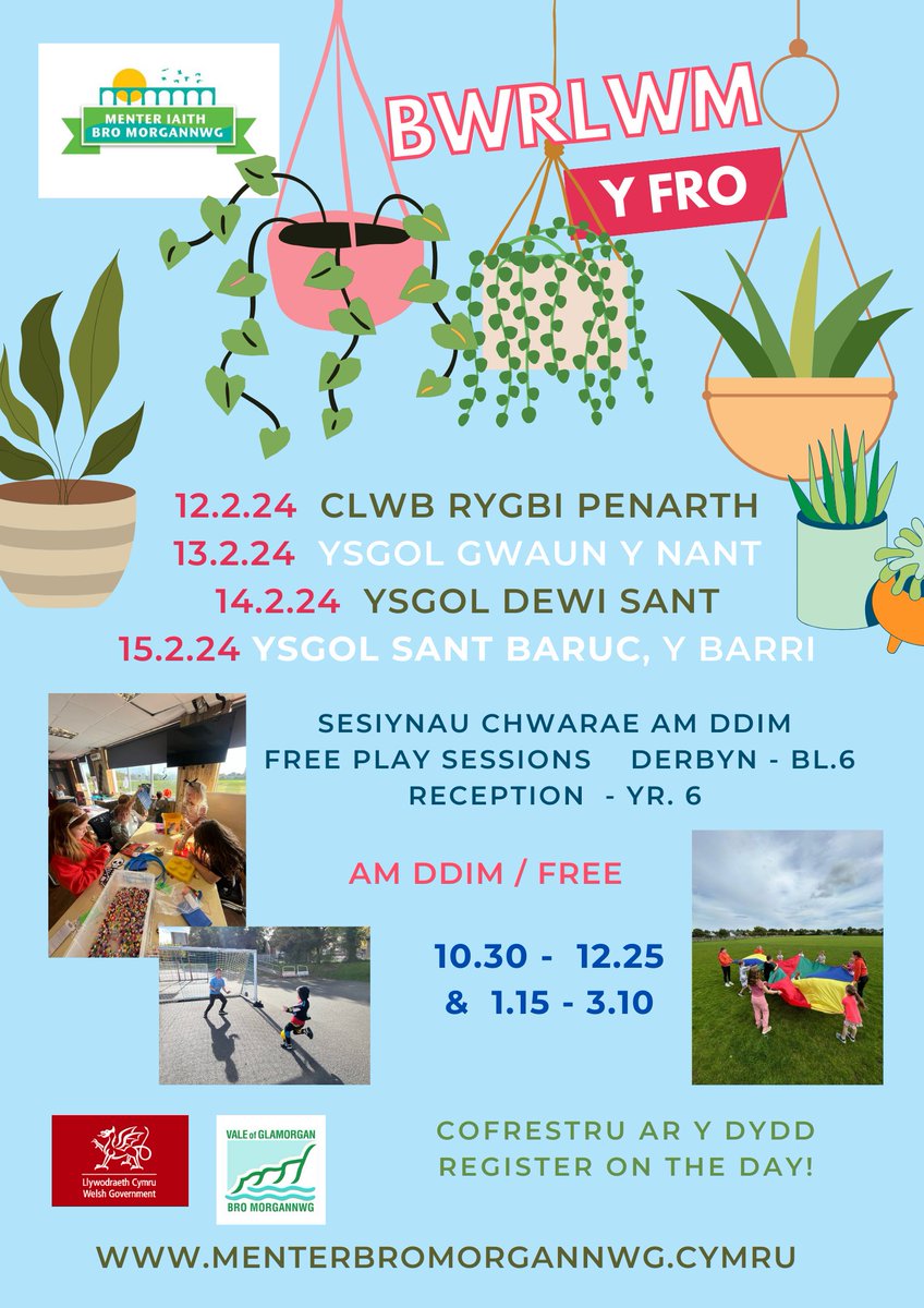 Cynhelir Bwrlwm y Fro unwaith eto dros hanner tymor gyda sesiynau ym Mhenarth, Llanilltud Fawr a'r Barri! Looking forward to seeing everyone again at our free Bwrlwm y Fro sessions : <a href="/gwaunynant/">Ysgol Gymraeg Gwaun Y Nant</a> <a href="/ysgoliolo/">Ysgol Iolo Morganwg</a> @ysgolsantbaruc during the February half!
<a href="/LearnWelshBro/">LearnWelshBro</a> <a href="/CSCJES/">Central South Consortium</a> @VALEFIS