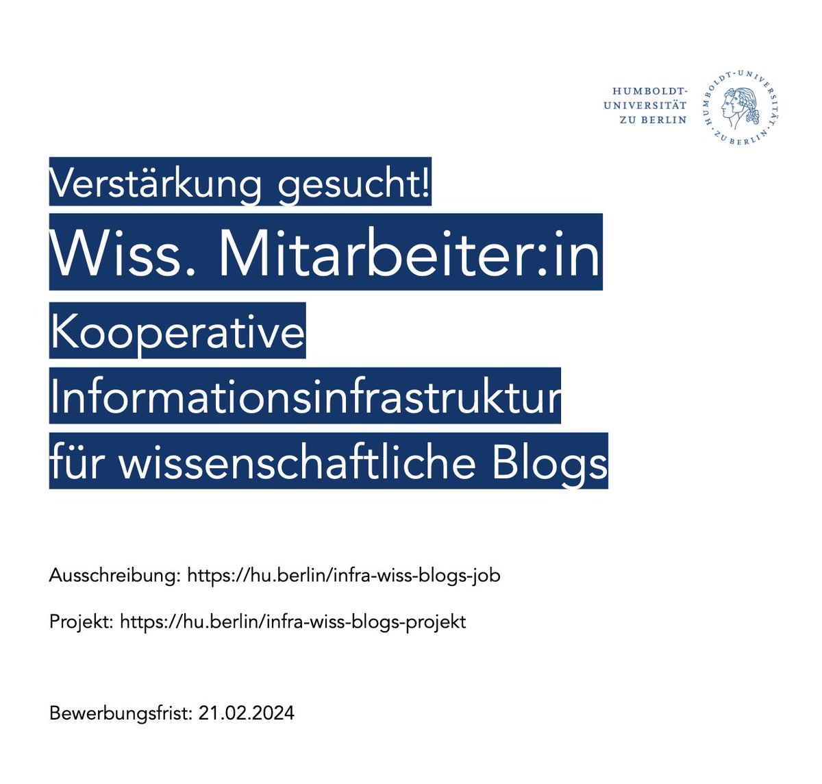 Wir suchen an der @HumboldtUni ➡️ eine:n wissenschaftliche Mitarbeiter:in in einem DFG-Projekt zu Wissenschaftsblogs. Flexibles Arbeitsumfeld, eigenverantwortliche Tätigkeiten & vielfältige Gestaltungsmöglichkeiten. hu.berlin/infra-wiss-blo… #OpenScience @IBI_HU