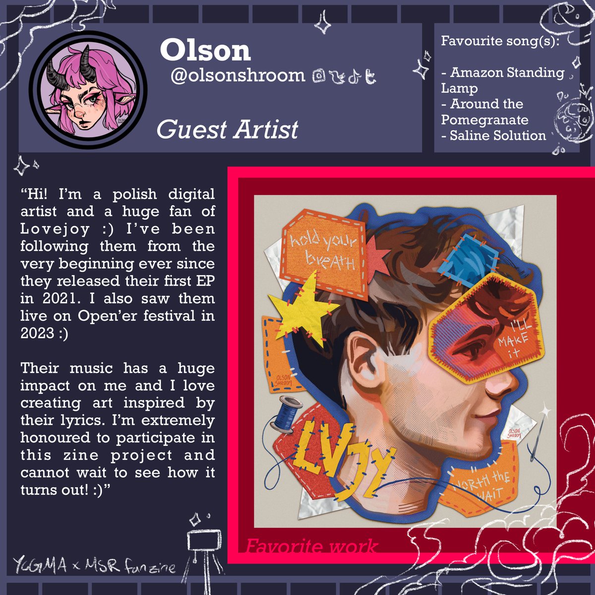 YCTMMSRfanzine's tweet photo. 🎤 Second announcement! Guest artist: OLSON @olsonshroom 

Favourite song: AMSL, ATP and Saline Solution 
#YCGMA #WILBURSOOT #MammilianSighingReflex

“Hi! I’m a Polish digital artist and a huge fan of Lovejoy :) …” https://t.co/WdW9ZE9pxS