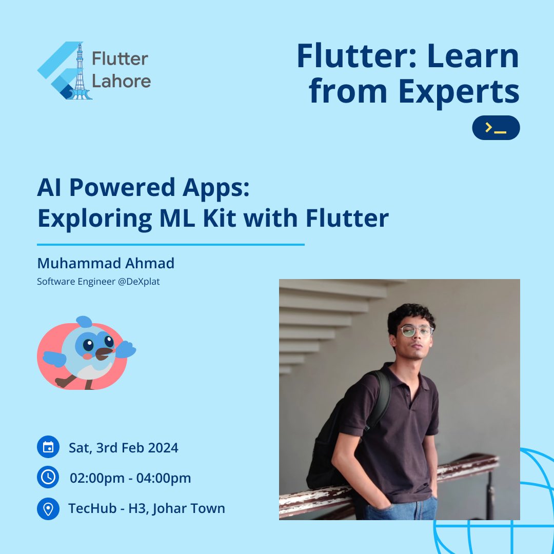 FlutterLahore's tweet image. Meet @Ahmads_exe who will be talking about Firebase ML Kit with Flutter 🔥

✅ Book your spot at linktr.ee/flutterlahore

#FlutterLearnfromExperts #flutter #flutterlahore #techub #flutterdevelopers #fluttercommunity
