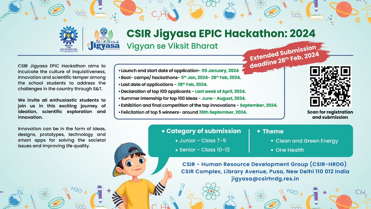 DATE EXTENDED *CSIR JIGYASA invites school students to join in the journey of developing their innovative, scientific, and entrepreneurial skills/spirits through the CSIR JIGYASA EPIC Hackathon. The date of submission has been extended to 28th February 2024