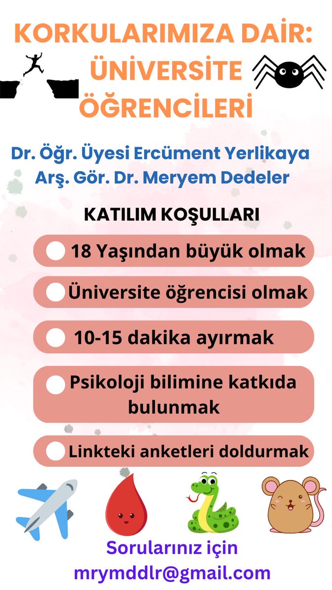 Dr. Öğr. Üyesi Ercüment Yerlikaya hocamla yürüttüğümüz çalışma kapsamında üniversite öğrencilerinden veri topluyoruz. Paylaşım yaparak katılımcı bulmamıza destek olur musunuz? Teşekkürler. 
Link: forms.gle/ixzYZVmoqaXqsu…