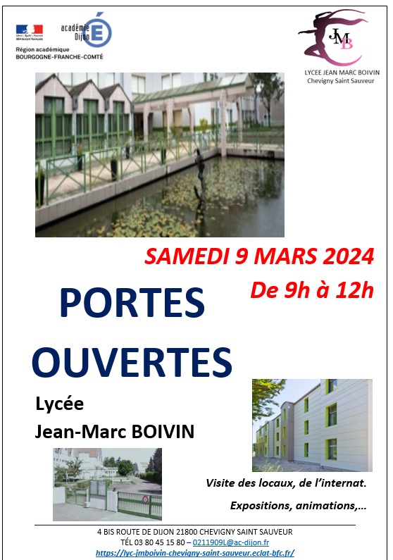 Le Lycée Jean-Marc Boivin de Chevigny Saint Sauveur ouvre ses portes le samedi 9 mars 2024 de 9h à 12h afin de faire la présentation de ses formations.
Au plaisir de votre visite.